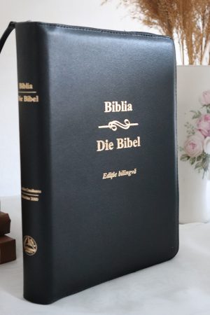Biblie bilingva Romana-Germana neagra, coperta piele, cu fermoar